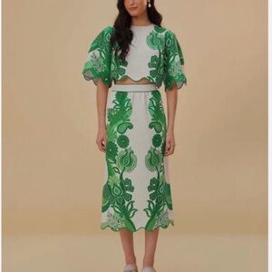NWT Farm Rio Color Festival Green Floral Midi Skirt